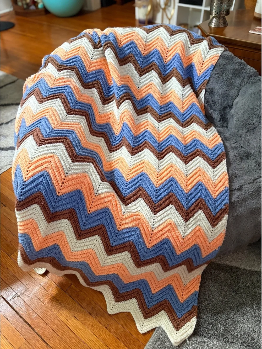 Hand Crocheted Chevron Afghan Throw Blanket Peach Blue Brown 48x62